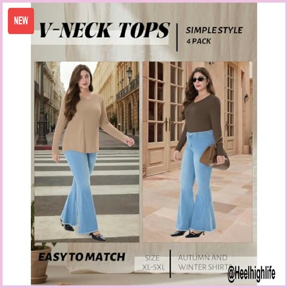 Plus Size Long Sleeve V-Neck Tunic Tops 4 Pack Loose Fit Fall Clothes - Picture 3 of 7